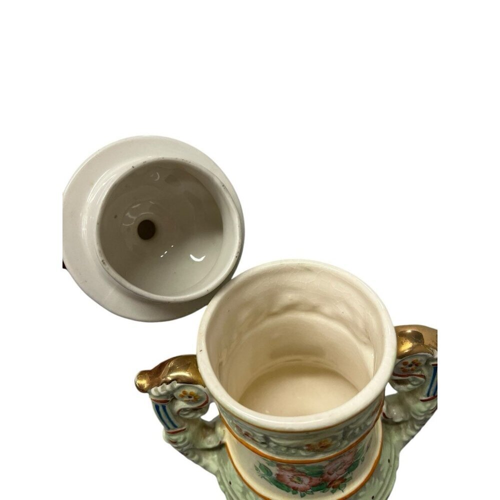 Vintage Hand Painted Japanese Urn & Lid 10" Tall Light Green with Floral Design - Picture 8 of 10